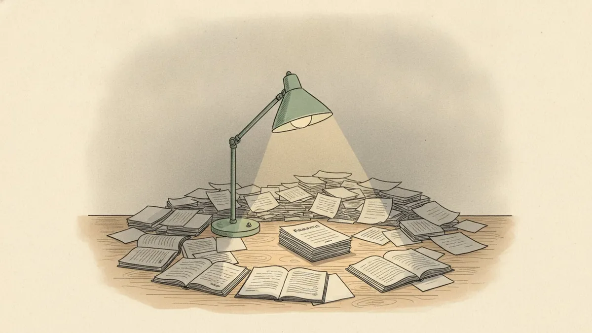 A desk lamp illuminates a small, organized stack of research papers on a desk, while many other papers are scattered in the dim background.