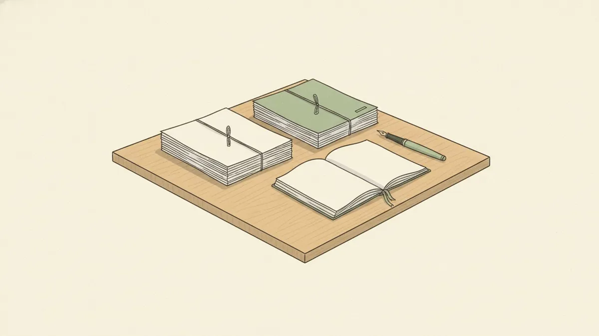 Neatly stacked academic papers and an open notebook with a pen are arranged on a tidy desk.