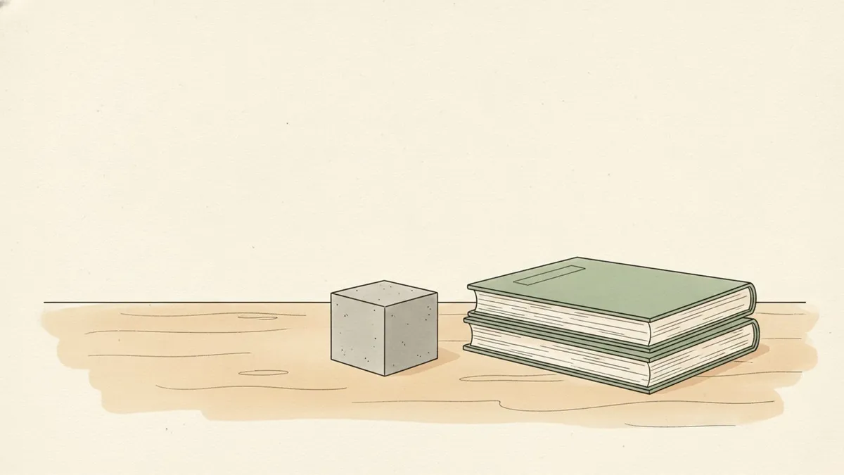 A small, gray concrete cube sits on a light wooden desk, next to a neat stack of three thick academic journals.